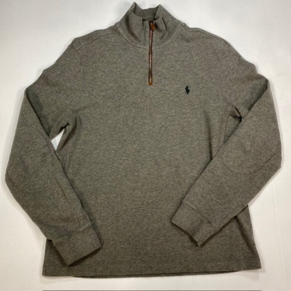 Polo Ralph Lauren Mens Quarter Zip Pullover Heather Grey Elbow Patches Size M